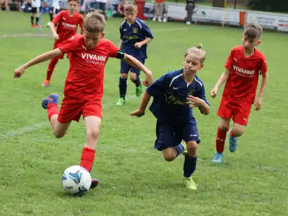 Keinen Ball verloren gaben beim Fußball-Cup auch die E-Junioren des gastgebenden TuS Sillenstede (blaue Trikots) und des Heidmühler FC (in rot).