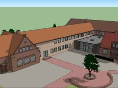 Die Grundschule Gehlenberg soll eine Pausenhalle (Mitte) bekommen. Au&szlig;erdem soll der bisher eingeschossige Mittelteil des linken Fl&uuml;gels aufgestockt und somit drei Klassenr&auml;ume gewonnen werden.