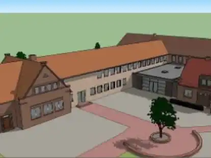 Die Grundschule Gehlenberg soll eine Pausenhalle (Mitte) bekommen. Au&szlig;erdem soll der bisher eingeschossige Mittelteil des linken Fl&uuml;gels aufgestockt und somit drei Klassenr&auml;ume gewonnen werden.