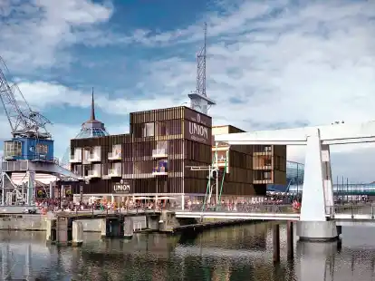 So soll das neue Geb&auml;ude in den Havenwelten einmal aussehen. Der Altbau bleibt stehen, weitere Geb&auml;udeteile kommen hinzu. Unter anderem soll an dieser Stelle Bier gebraut werden. Es gibt aber weitere Nutzungsideen.