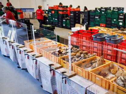 Mitarbeiter stehen in einer Ausgabestelle der Berliner Tafel.