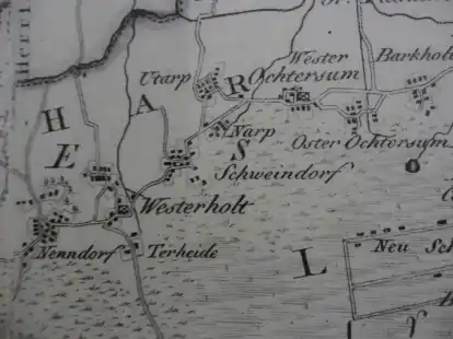 Eine Karte der Holtriem-D&ouml;rfer aus der Zeit um 1800.