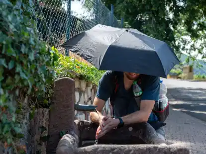 Erfrischung und Sonnenschutz: Ein Wanderer auf einem Wirtschaftsweg in Rheinland-Pfalz.