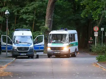 Polizeiautos fahren aus dem Wald in dem sich die Raubkatze befinden soll.