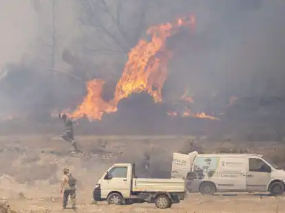 Br&auml;nde auf Rhodos: Freiwillige bek&auml;mpfen die vielen Feuer mit einfachsten Mitteln, Gartenschl&auml;uche und Feuerl&ouml;scher kommen zum Einsatz.