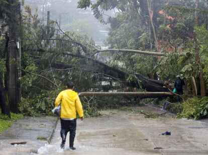 Umgest&uuml;rzte B&auml;ume blockieren eine Stra&szlig;e in Baguio City im Norden der Philippinen.