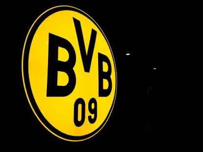 Das Logo des BVB leuchtet in der Dunkelheit.