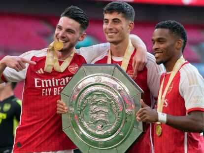 Allesamt neu beim FC&nbsp;Arsenal: Declan Rice (l-r), Kai Havertz und Jurrien Timber.