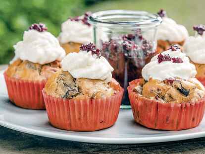 S&uuml;&szlig;e Versuchung? Keineswegs. Diese Cupcakes sind herzhaft. Sie haben Pilzw&uuml;rfel intus und wurden mit einer Frischk&auml;secreme sowie Rotweinzwiebeln getoppt.