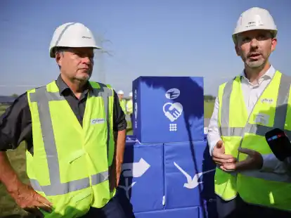 Wirtschaftsminister Robert Habeck und Tennet-Gesch&auml;ftsf&uuml;hrer Tim Meyerj&uuml;rgens im Umspannwerk Heide/West.