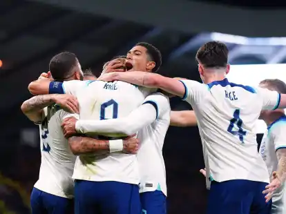 Harry Kane (M)&nbsp;aus England feiert mit seinen Teamkollegen den dritten Treffer seiner Mannschaft.