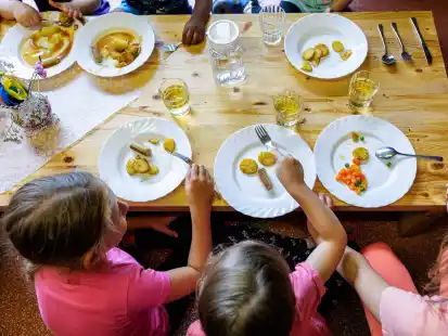 Kinder beim Mittagessen in einer Kindertagesst&auml;tte: Die Verbraucherzentrale Niedersachsen hat eine Umfrage zu Verpflegung in Niedersachsens Kitas durchgef&uuml;hrt.