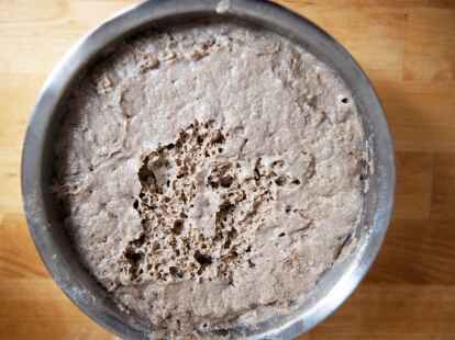 Wird der Vorteig mit einem Sauerteigstarter, Mehl, Wasser und Salz vermischt, geht er &uuml;ber Nacht auf und wirft Blasen.