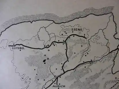 Die Skizze zeigt die vermutliche Linienf&uuml;hrung bronzezeitlicher Fernhandelswege im n&ouml;rdlichen Ostfriesland, begleitet von zahlreichen H&uuml;gelgr&auml;bern und Fundstellen.