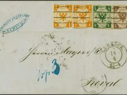 Eine alte Postsendung mit seltenen Postwertzeichen aus der Sammlung des  Tengelmann-Chefs und Milliard&auml;rs Erivan Haub.