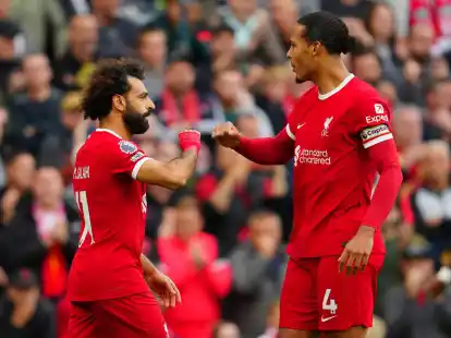 Mohamed Salah (l) bejubelt den Treffer zum 1:0 mit seinem Teamkollegen Virgil van Dijk.