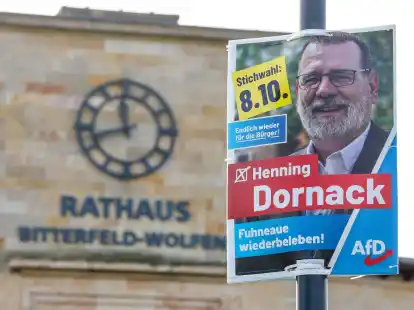 Ein Wahlplakat des AfD-Kandidaten Henning Dornack h&auml;ngt vor dem Rathaus von Bitterfeld-Wolfen.
