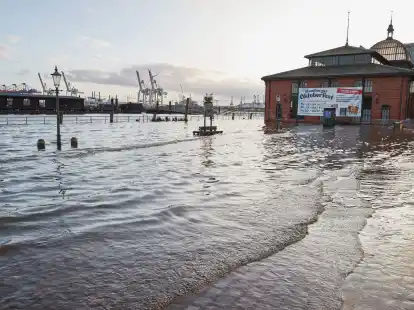 Blick auf den mit Elbwasser &uuml;berfluteten Fischmarkt in Hamburg.