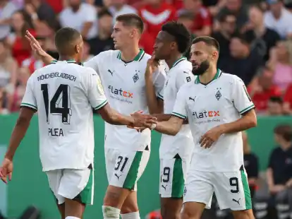 Gladbachs Torsch&uuml;tze Franck Honorat (r) feiert seinen Treffer zum 0:1 mit Alassane Plea (l-r), Tomas Cvancara und Nathan N'Goumou.
