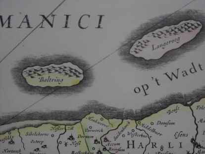 Nachbarinseln Baltrum und Langeoog nach einer Vorlage der Emmius-Karte von 1595.