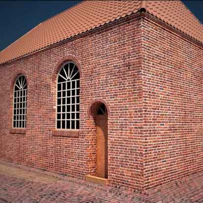 Die Esenser Synagoge von 1827 in einer Computeranimation von Werner Adden. In der Bildmitte der separate Eingang f&uuml;r die Frauen.