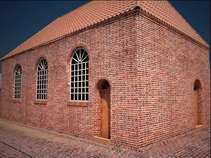 Die Esenser Synagoge von 1827 in einer Computeranimation von Werner Adden. In der Bildmitte der separate Eingang f&uuml;r die Frauen.