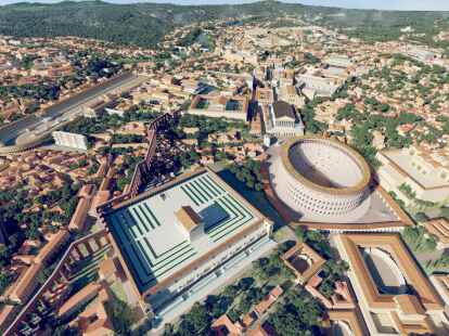 Das computergenerierte Bild zeigt eine Luftaufnahme des antiken Roms im Jahr 320 n. Chr. mit dem Kolosseum (M) als 3D-Rekonstruktion &laquo;Rome Reborn 4.0&raquo;.