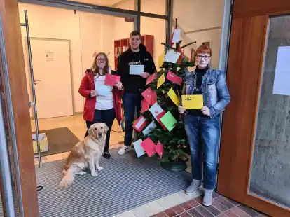 Start der Wunschbaumaktion in Rastede (von links): Paulina Hybrant, Felix Sch&ouml;n und Anne Ahlers-Bolting aus dem Organisationsteam haben den Wunschbaum im Gemeindehaus am Denkmalsplatz best&uuml;ckt.