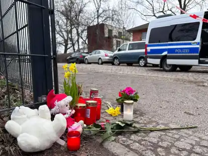 Unweit des B&uuml;rgerparks in Pankow haben Passanten Pl&uuml;schtiere, Kerzen und Blumen zum Gedenken an das ge&ouml;tete Kind abgelegt.