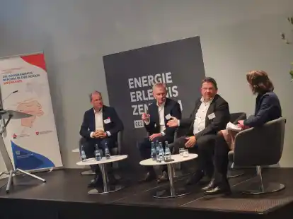 Sehen Berlin st&auml;rker in der Verantwortung: (v. l.) Helge Engelke, Chef der Krankenhausgesellschaft Niedersachsen, Dr. J&uuml;rgen Peter, Vorstandsvorsitzender der AOK Niedersachsen, und Niedersachsens Gesundheitsminister Dr. Andreas Philippi (SPD) mit Moderatorin Lea Karrasch.