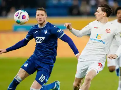 Hoffenheims Wout Weghorst (l) und Anthony Caci von Mainz k&auml;mpfen um den Ball.