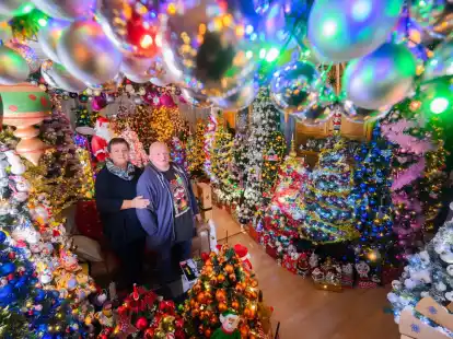 Mehr Weihnachten geht kaum: Susanne und Thomas Jeromin stehen inmitten von Weihnachtsb&auml;umen im Wohnzimmer ihres Hauses.