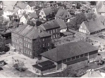 Auf dem Luftbild sind mittig das Hauptgeb&auml;ude und die Turnhalle zu erkennen. Links am Bildrand ist die Ecke des alten Pavillons zu sehen, der inzwischen mit einem Verbindungsbau an das Hauptgeb&auml;ude angeschlossen ist.
