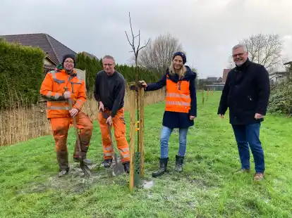 Neue Apfelb&auml;ume f&uuml;r Sande (von links): Steffen Prediger und Klaus-Peter Szypniewski vom Gemeindebauhof, Bauamtsleiterin Heidi Schmidt und Sandes B&uuml;rgermeister Stephan Eiklenborg.