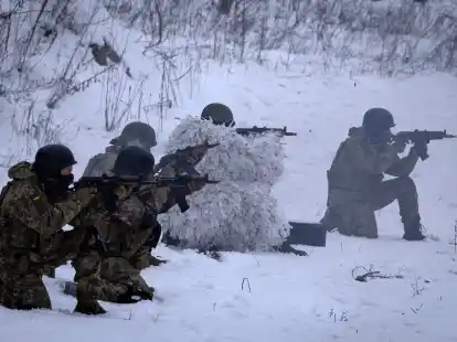 Soldaten des pro-ukrainischen, russischst&auml;mmigen Sibirischen Bataillons nehmen im Raum Kiew an einer milit&auml;rischen &Uuml;bung teil.