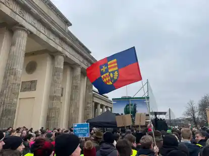 Durch ihre Fahne mit dem Ammerland-Wappen gut sichtbar vor der B&uuml;hne am Brandenburger Tor in Berlin: Landwirte aus dem Ammerland bei der Demonstration.