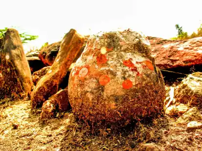 Diese als g&ouml;ttlich verehrte Steinkugel in Indien hat sich als Dino-Ei entpuppt.