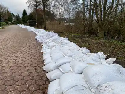 Sands&auml;cke in der Stra&szlig;e Am Huntetal sch&uuml;tzen f&uuml;r den Fall, dass das Wasser n&auml;her kommt, nur einen Teil der Bewohner. Zehn H&auml;user, auf der rechten Seite des k&uuml;nstlichen Walls, mussten ger&auml;umt werden.