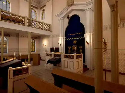 Der Innenraum der virtuell rekonstruierten Synagoge von Jever mit Blick auf den Toraschrein (Mitte), die Bima (links) und die Frauenempore.