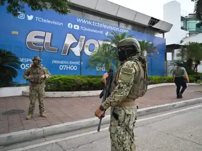 Soldaten am Fernsehsender TC, in den Bewaffnete w&auml;hrend einer Live-&Uuml;bertragung eingedrungen sind.