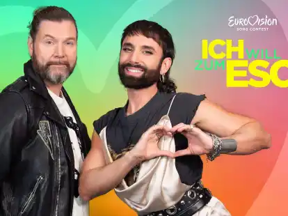 Rea Garvey (l) und Conchita Wurst in der Kulisse von &laquo;Ich will zum ESC!&raquo;.