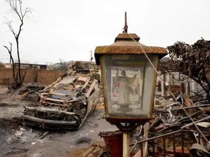Nur die Statue von Papst Johannes Paul II. steht hier noch. Die Gegend um Vina del Mar ist besonders stark von den Waldbr&auml;nde betroffen.