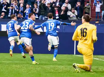 Erleichterung: Schalkes Kenan Karaman (M) traf per Elfmeter zum 1:0 gegen Wehen Wiesbaden.