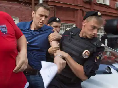 Polizeibeamte halten den russischen Oppositionsf&uuml;hrer Alexej Nawalny (l.) im Juli 2013 fest.