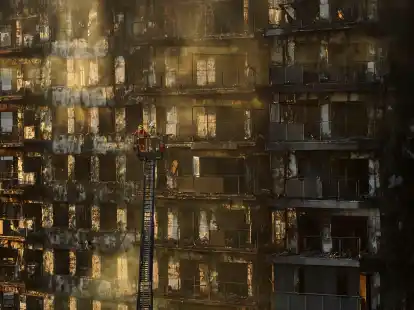 Feuerwehrleute stehen w&auml;hrend L&ouml;scharbeiten auf einer Hubleiter.