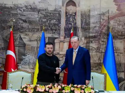 Recep Tayyip Erdogan (r), Pr&auml;sident der T&uuml;rkei, gibt Wolodymyr Selenskyj, Pr&auml;sident der Ukraine, am Ende einer gemeinsamen Pressekonferenz nach ihrem Treffen im Dolmabahce-Palast, die Hand.