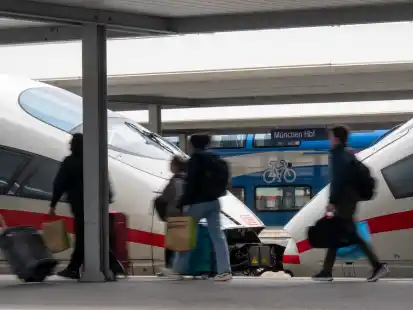 Reisende gehen im Hauptbahnhof M&uuml;nchen an einem der wenigen verkehrenden Fernreisez&uuml;ge vorbei.