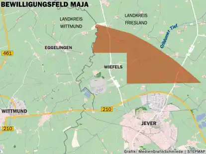 Das 6,5 Quadratkilometer gro&szlig;e Bewilligungsfeld &bdquo;Maja&ldquo; erstreckt sich n&ouml;rdlich von Jever und grenzt auch an den Landkreis Wittmund an.