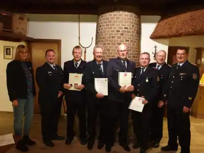 Wahlen und Eherungen in Neuenfelde (von links): B&uuml;rgermeisterin Brigitte Fuchs, stellvertretender Ortsbrandmeister Stefan Raddatz, Gerold B&uuml;sing, Frank Schr&ouml;der-Hayen, Torsten Barr, Detlef Harms,Gemeindebrandmeister J&uuml;rgen Zech, Kreisbrandmeister Ralf Hoyer.