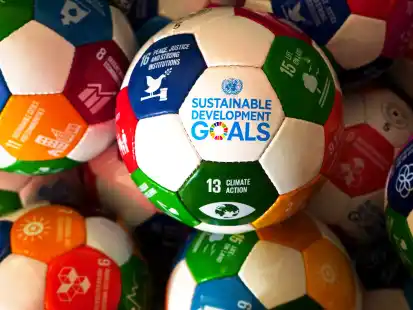 Fußbälle mit den 17 Nachhaltigkeitszielen (Sustainable Development Goals) der Vereinten Nationen liegen auf dem Boden. Auch die Proficlubs anderer Sportarten müssen sich intensiv mit diesen Zielen auseinandersetzen.